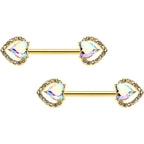 14G 9/16 Aurora Gem Gold Hue Rococo Heart Barbell Nipple Ring Set