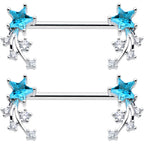 14G 9/16 Blue Clear CZ Gem Shooting Star Barbell Nipple Ring Set