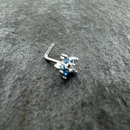 20G 1/4 Blue Clear CZ Gem Flower Beauty L Shape Nose Ring