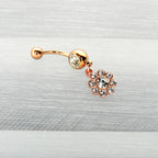 Clear Gem Rose Gold Tone Whimsy Flower Dangle Belly Ring