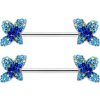 14G 9/16 Blue Gem Glamour Butterfly Barbell Nipple Ring Set