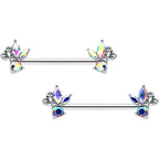 14G 9/16 Aurora CZ Gem Fleur de Lis Butterfly Barbell Nipple Ring Set