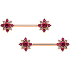 14G Red Gem Rose Gold Tone Rococo Star Barbell Nipple Ring Set