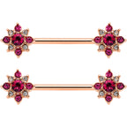 14G Red Gem Rose Gold Tone Rococo Star Barbell Nipple Ring Set