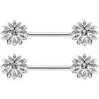 14G 9/16 Clear Gem Rococo Starry Flower Barbell Nipple Ring Set