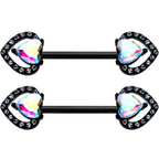 14 G 9/16 Aurora Gem Black Rococo Heart Barbell Nipple Ring Set