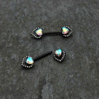 14 G 9/16 Aurora Gem Black Rococo Heart Barbell Nipple Ring Set