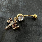 Clear Gem Gold Tone Flying Dragonfly Dangle Belly Ring