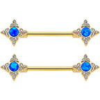 14G 9/16 Blue Synthetic Opal Gold Tone Rhombus Nipple Ring Set