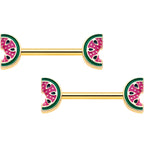 14G 9/16 Gold Tone Watermelon Bite Barbell Nipple Ring Set