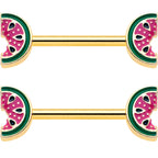 14G 9/16 Gold Tone Watermelon Bite Barbell Nipple Ring Set