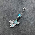 Blue Gem Butterflies Tiny Flower Dangle Belly Ring