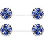 14G 9/16 Clear Blue Gem Embellished Cross Barbell Nipple Ring Set