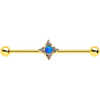 14G Blue Synthetic Opal Gold Tone Rhombus Industrial Barbell 38mm