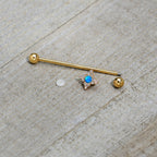 14G Blue Synthetic Opal Gold Tone Rhombus Industrial Barbell 38mm
