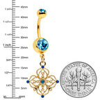 Blue Gem Gold Tone Texture Emblem Dangle Belly Ring