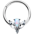 16G 3/8 White Faux Opal Style Flower Hinged Segment Ring