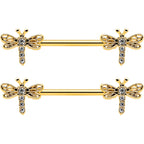 14G 9/16 Clear Gem Gold Tone Flying Dragonfly Nipple Ring Set