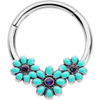 16G 3/8 Blue Gem Flower Trio Teal Petals Hinged Segment Ring