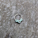 16G 3/8 Blue Gem Flower Trio Teal Petals Hinged Segment Ring