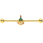14G Red Gem Gold Tone Deco Holiday Tree Industrial Barbell 38mm
