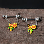 14G 9/16 Happy Sunflower Duo Chain Dangle Nipple Ring Set