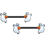 14G 9/16 Black Halloween Pumpkin Ghost Barbell Nipple Ring Set