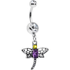 Clear Yellow Purple Gem Dragonfly Dangle Belly Ring