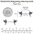 14G 9/16 Purple Yellow Gem Dragonfly Barbell Nipple Ring Set