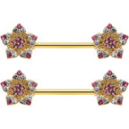 14G 9/16 Pink Gem Gold Tone Texture Star Barbell Nipple Ring Set