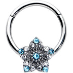 16G 3/8 Blue Clear Gem Opulent Flower Hinged Segment Ring