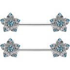 14G 9/16 Blue Clear Gem Opulent Flowers Barbell Nipple Ring Set