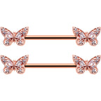 14G 9/16 Clear Gem Rosy Tone Baroque Butterfly Nipple Ring Set