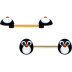 14G 9/16 Gold Tone Round Penguin Face Barbell Nipple Ring Set