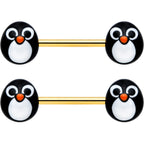 14G 9/16 Gold Tone Round Penguin Face Barbell Nipple Ring Set