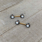 14G 9/16 Gold Tone Round Penguin Face Barbell Nipple Ring Set
