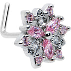 20G 7mm Pink Clear CZ Gem Snowflake L Shape Nose Ring