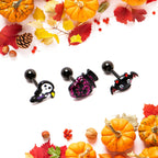 16G 1/4 Black Halloween Skull Bat Reaper Cartilage Earring Set of 3