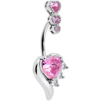 Pink CZ Gem Triple Drop Flare Heart Valentine Double Mount Belly Ring