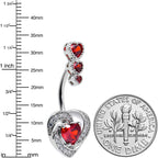 Red CZ Gem Triple Drop Swirl Heart Valentine Double Mount Belly Ring
