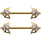 14G 5/8 Clear Gem Gold Tone Spider Bat Barbell Nipple Ring Set