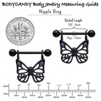 14G 11/16 Purple CZ Gem Black Skull Butterfly Dangle Nipple Ring Set
