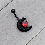 Red CZ Gem Black Scroll Moon Heart Belly Ring