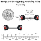 14G 9/16 Red CZ Gem Black Scroll Moon Heart Barbell Nipple Ring Set