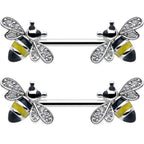 14G 9/16 Clear CZ Gem Honey Bees Barbell Nipple Ring Set