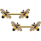 14G 9/16 Clear CZ Gem Gold Hue Honey Bees Barbell Nipple Ring Set
