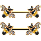 14G 9/16 Clear CZ Gem Gold Hue Honey Bees Barbell Nipple Ring Set