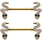 14G 9/16 Clear Black CZ Gem Gold Tone Sexy Snakes Nipple Ring Set