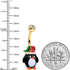 Clear Gem Gold Tone Holly Hat Penguin Holiday Belly Ring