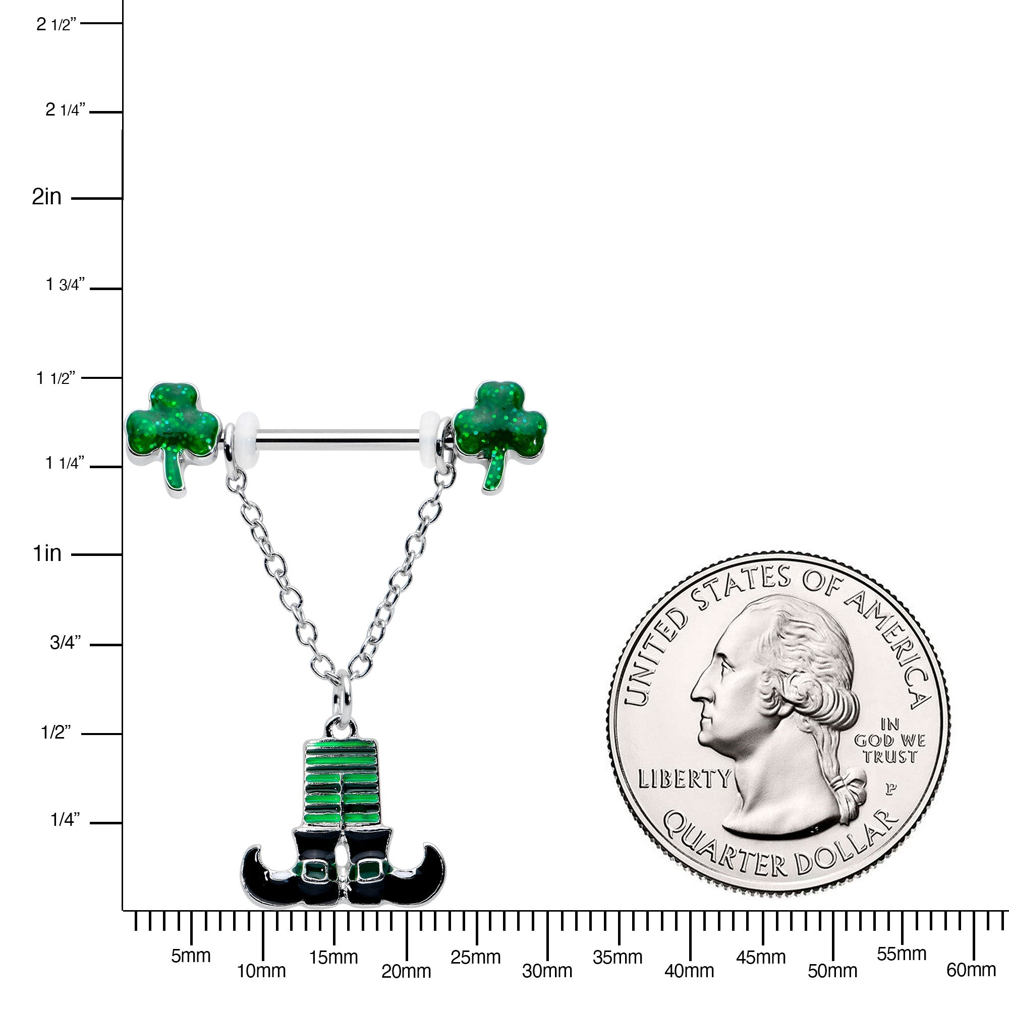 14G 11/16 Leprechaun Legs Shamrock Chain Dangle Nipple Ring Set